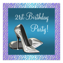 Purple Teal Zebra High Heels Womans 21st Birthday Custom Invitations