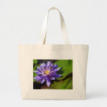 Purple water lilies floating in a pond canvas bag