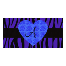 Purple zebra stripes monogram blue roses customized photo card