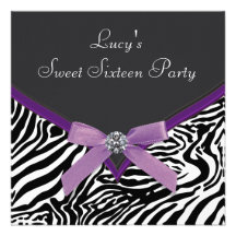 Purple Zebra Sweet 16 Birthday Party Custom Invite