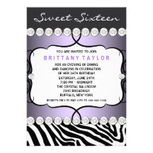 Purple Zebra Sweet Sixteen Birthday Party Custom Announcements