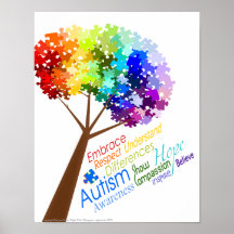 Puzzle Tree with Word Art Autism Awareness Poster