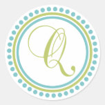 Q Monogram (Chartreuse / Teal Dot Circle) Round Sticker