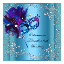 Quinceanera 15th Birthday Party Masquerade Blue Personalised Invitation