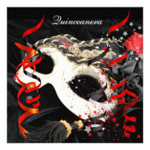 Quinceanera 15th Birthday Party Red Black Mask Personalized Invites