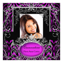 Quinceanera 15th Birthday Purple Black White Zebra Announcements