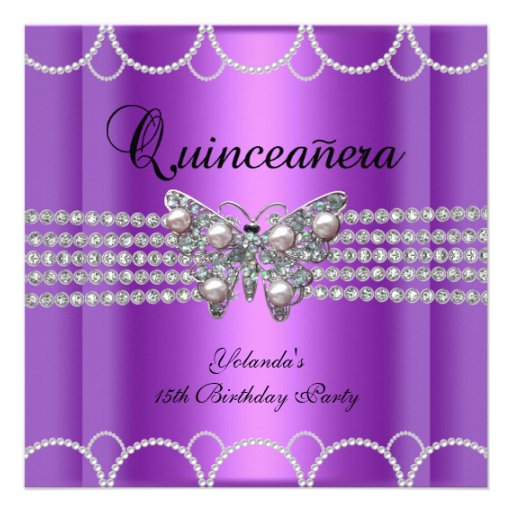 Quinceanera 15th Purple Butterfly Pearl Lace Announcement