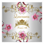 Quinceanera 15th White Pink Flowers Gold Tiara Personalized Announcements