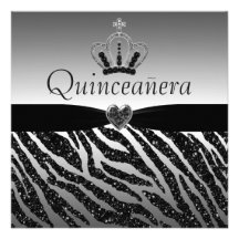 Quinceanera Princess Crown, Heart & Zebra Glitter Invitations