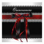 Quinceanera Red Bow Black Pearl Lace Diamond Custom Invites