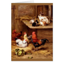 Rabbit rooster hens farm animals bunnies card