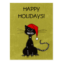 Ragged black cat Christmas Postcard