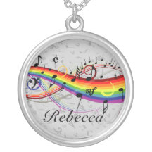 Rainbow Black Musical Notes on Grey Necklace