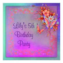 Rainbow Butterfly Girls 5th Birthday Party Custom Invite