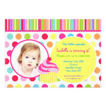 Rainbow Cupcake  Photo Birthday Party Invitations