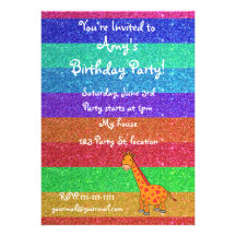 Rainbow glitter giraffe birthday invitations