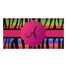 Rainbow glitter zebra stripes monogrammed customized photo card