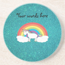 Rainbow unicorn turquoise glitter beverage coasters