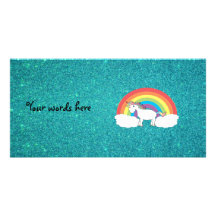 Rainbow unicorn turquoise glitter customized photo card