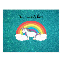 Rainbow unicorn turquoise glitter post cards
