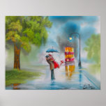 RAINY DAY KISSING COUPLE TRAM UMBRELLA POSTERS