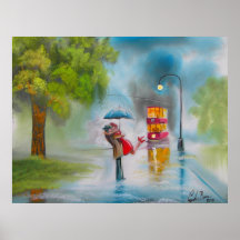 RAINY DAY KISSING COUPLE TRAM UMBRELLA POSTERS
