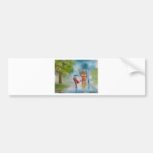 Rainy day red tram romantic couple umbrella bumper stickers