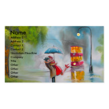 Rainy day red tram romantic couple umbrella business card template