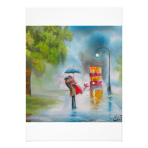 Rainy day red tram romantic couple umbrella invite