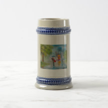 Rainy day red tram romantic couple umbrella coffee mugs