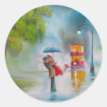Rainy day red tram romantic couple umbrella sticker
