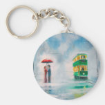 Rainy day red umbrella tram couple painting keychain