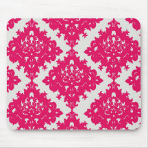 raspberry pink diamond damask on white mouse mats