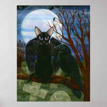 Raven's Moon Black Cat Crow Gothic Art Poster