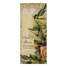 Reception Dinner Menu Yellow Song Bird Cage Floral Invitation