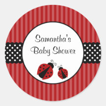 Red and Black Ladybug Striped Dots Baby Shower Round Sticker