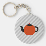 Red and black teapot design, on grey stripes. keychain