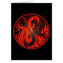 Red and Black Yin Yang Phoenix Greeting Cards