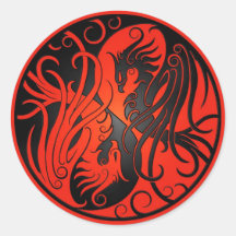 Red and Black Yin Yang Phoenix Round Stickers