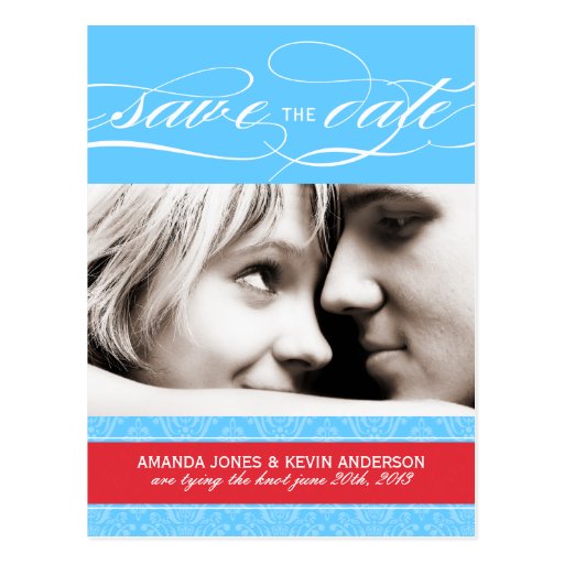 Red and Blue Damask Save the Date Postcard