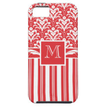 Red and White Art Deco Damask with Your Monogram iPhone 5 Covers