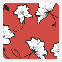 Red and White Floral Print Square Stickers