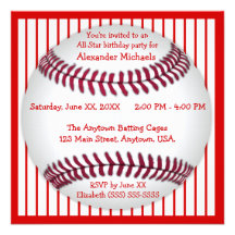 Red and White Pinstripes Baseball Birthday Party Invitation