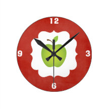 Red Background-Green Apple School House Wall Clock