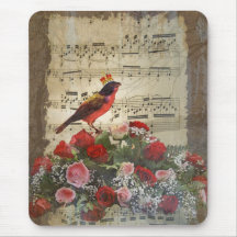 Red bird,  & roses  on vintage music sheet mousepad