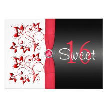 Red, Black and White Floral Sweet Sixteen Invite