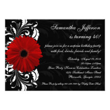 Red, Black and White Gerbera Daisy 40th Birthday Invites