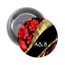 Red & black floral damask button