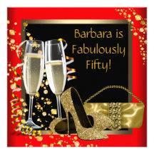 Red Black Gold Champagne 50th Birthday Party Personalized Announcements