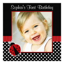 Red Black Ladybug Polka Dot 1st Birthday Photo Invites